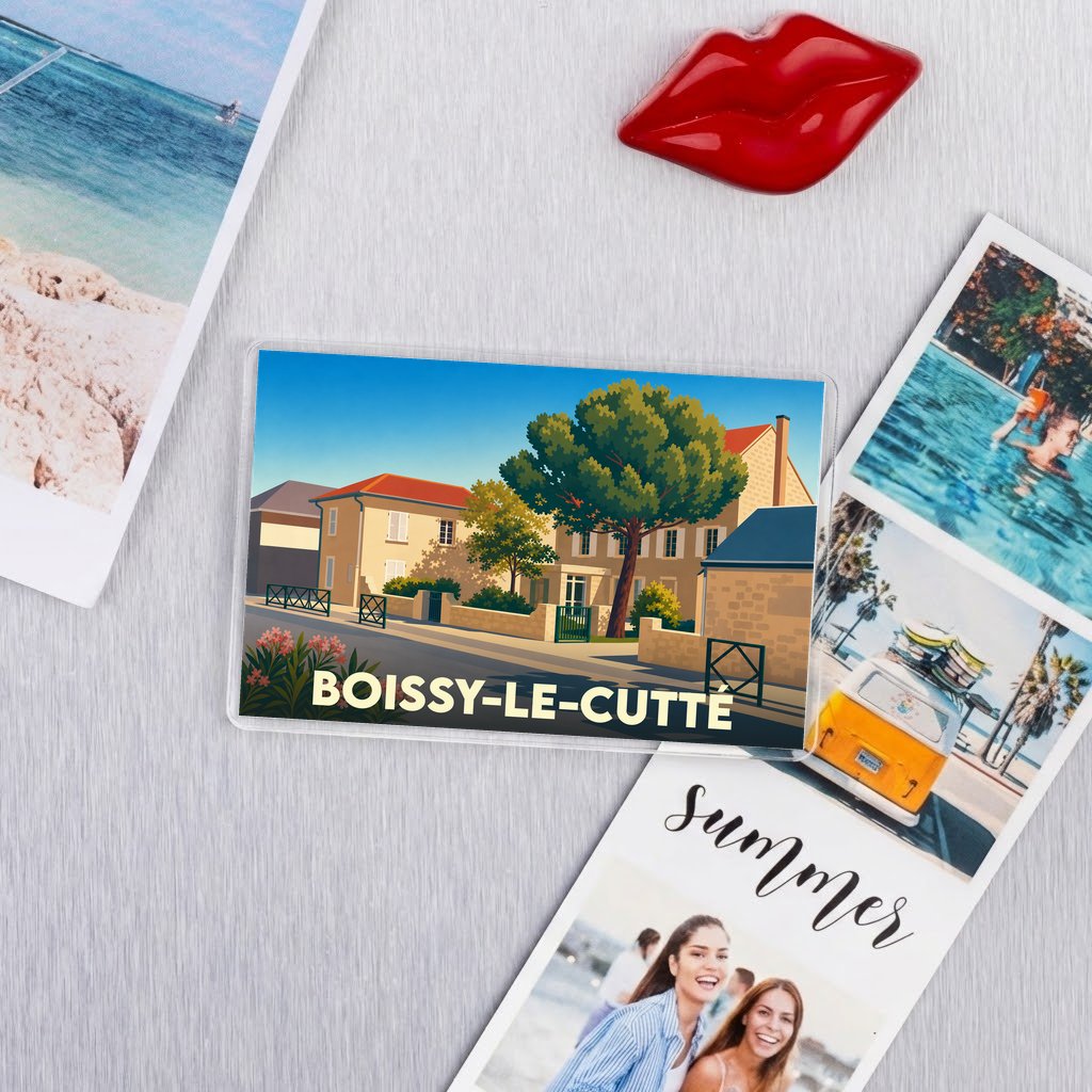 Magnet souvenir de la ville de Boissy-le-Cutté avec une illustration stylisée.