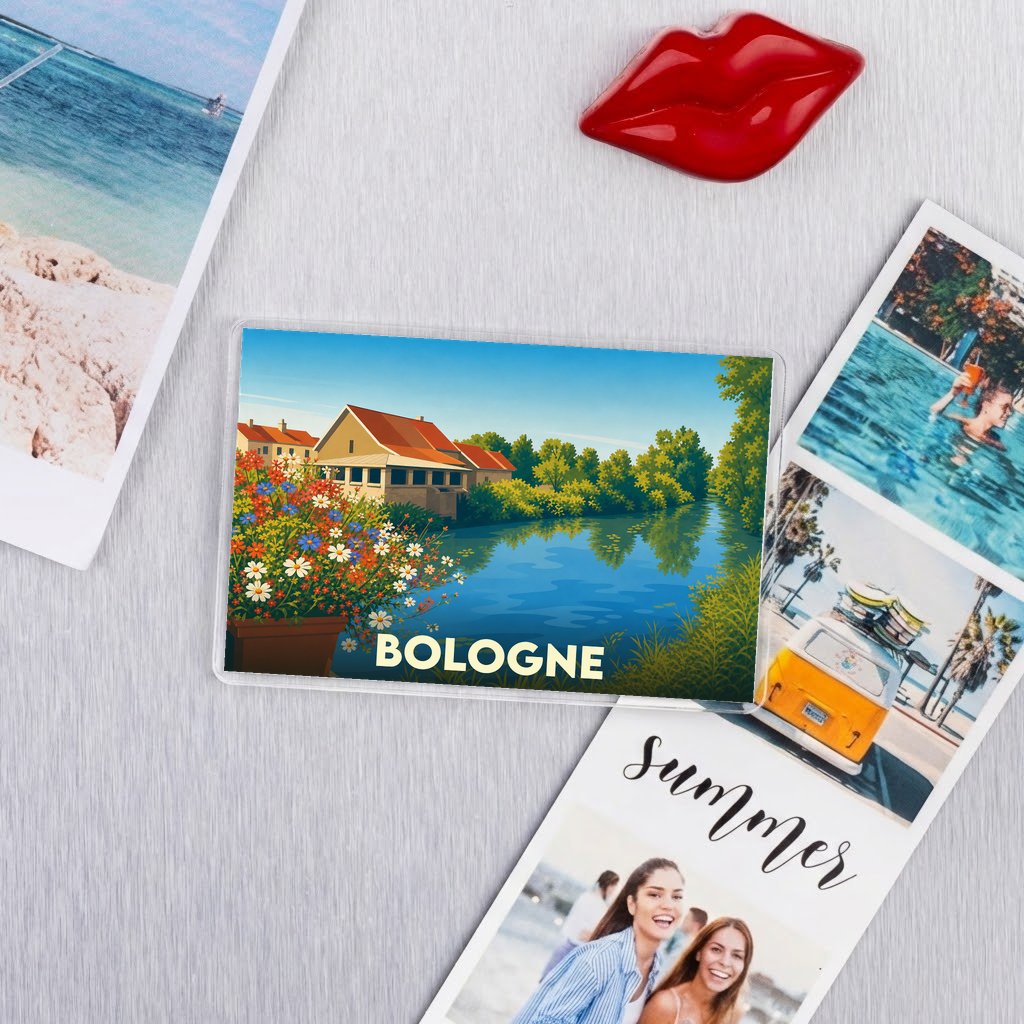 Magnet souvenir de la ville de Bologne avec une illustration stylisée d'un paysage au bord de l'eau.