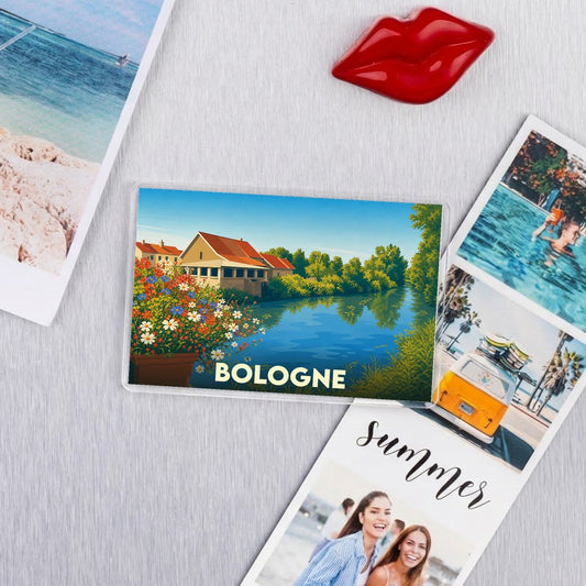 Magnet souvenir de la ville de Bologne avec une illustration stylisée d'un paysage au bord de l'eau.