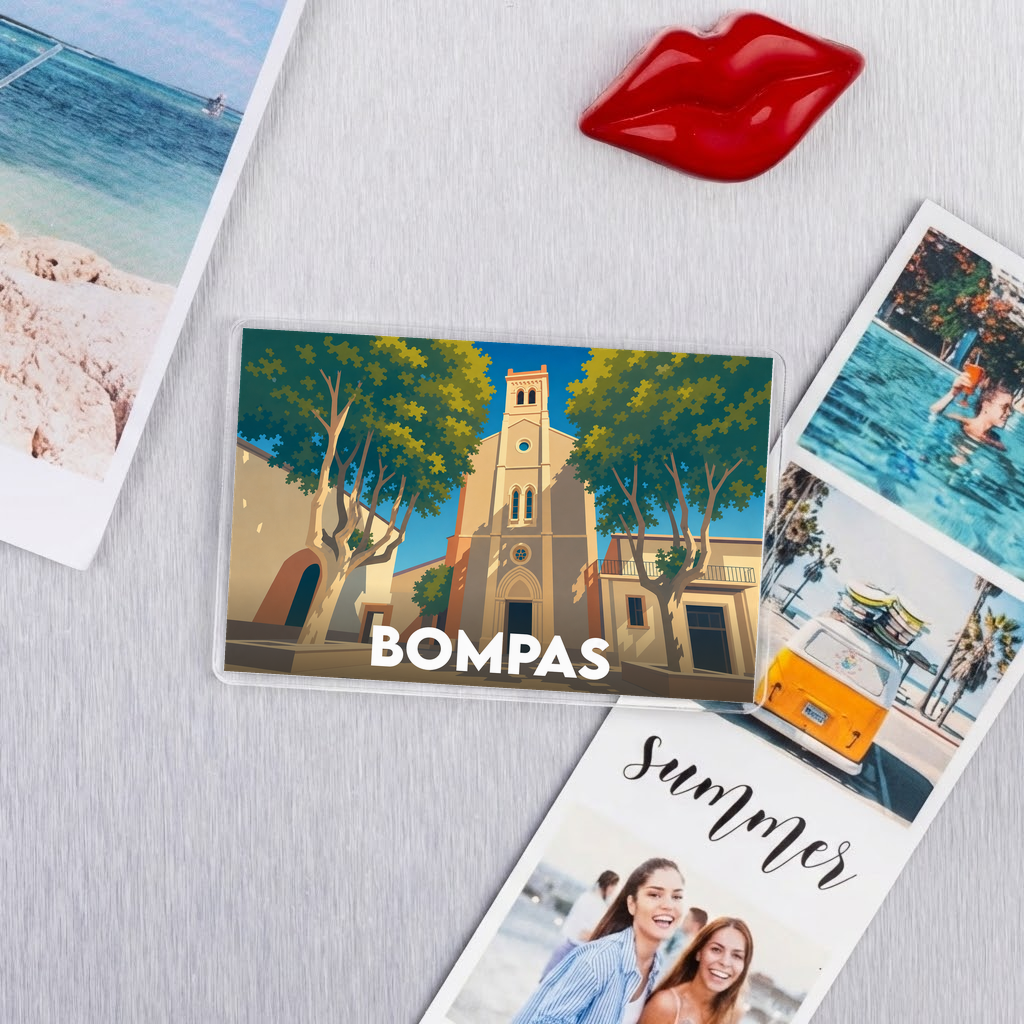 Magnet souvenir de la ville de Bompas avec une illustration stylisée de son église.