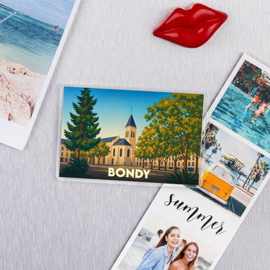 Magnet souvenir de la ville de Bondy avec une illustration stylisée de son église.