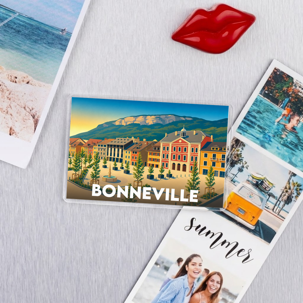 Magnet souvenir de la ville de Bonneville avec une illustration stylisée et colorée.