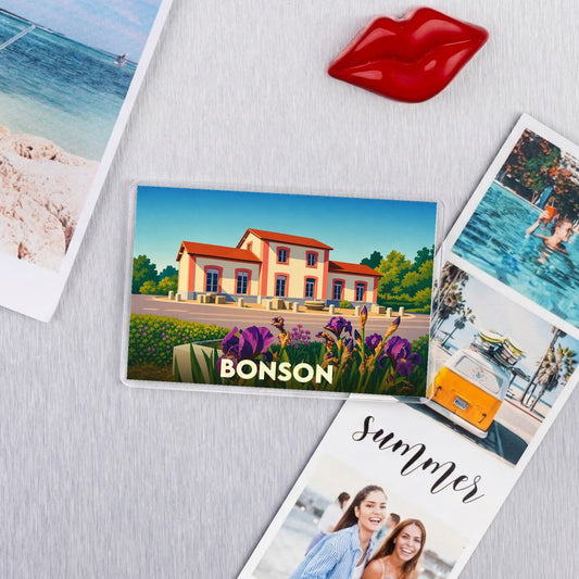 Magnet souvenir de la ville de Bonson avec une illustration colorée de sa gare.