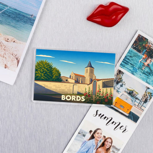 Magnet souvenir de la ville de Bords avec une illustration stylisée.