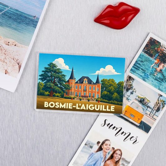 Magnet souvenir de la ville de Bosmie-l'Aiguille avec une illustration stylisée d'un château.