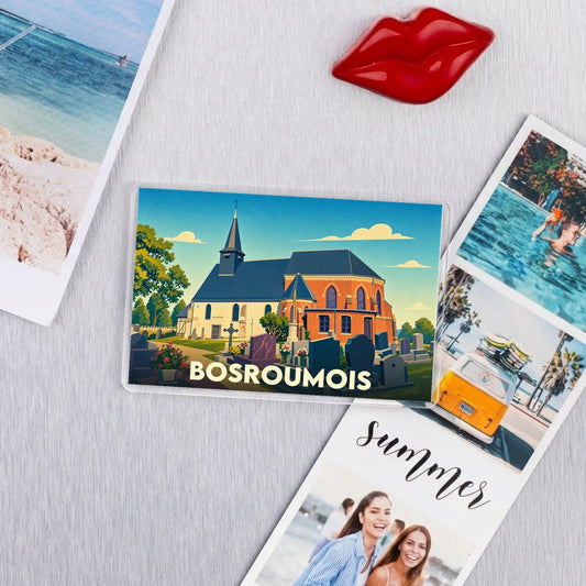 Magnet souvenir de la ville de Bosroumois avec une illustration stylisée de son église et de son cimetière.