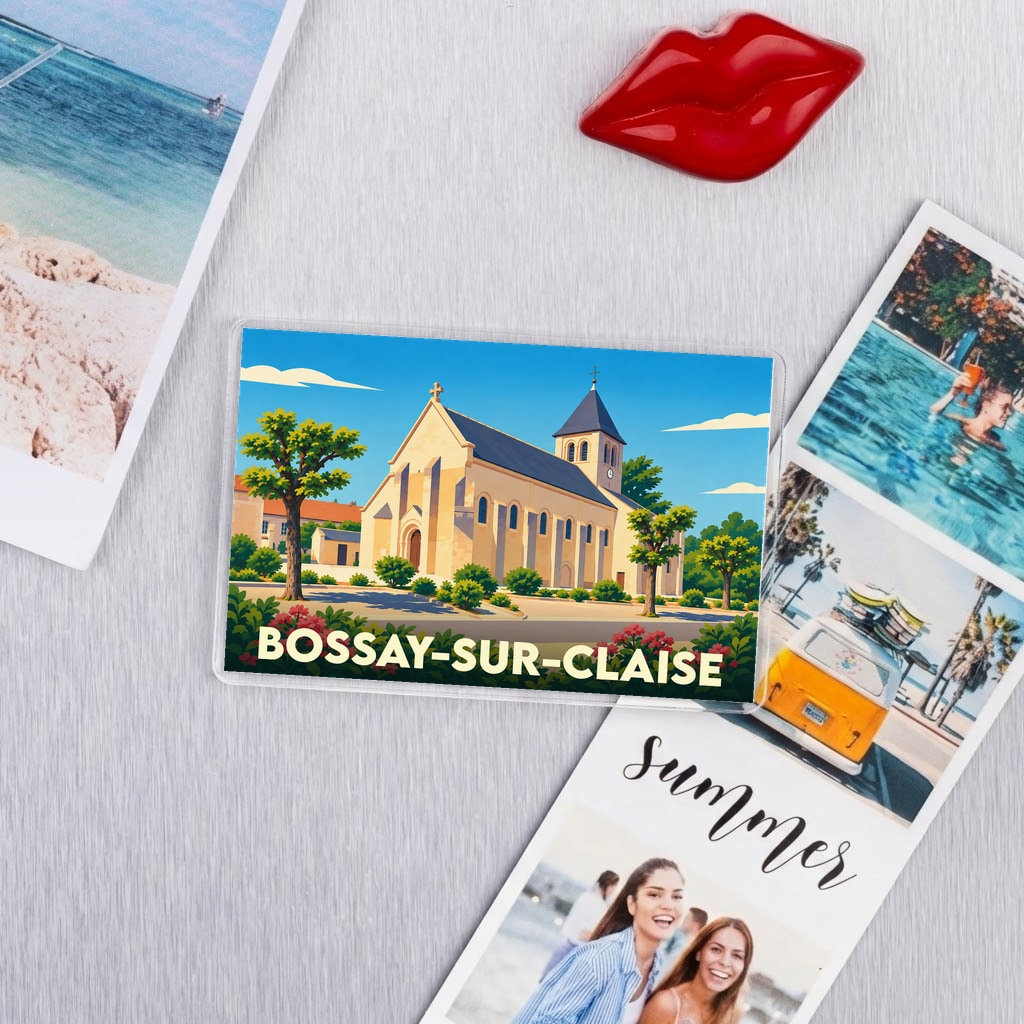 Magnet souvenir de la ville de Bossay-sur-Claise avec une illustration stylisée de son église.