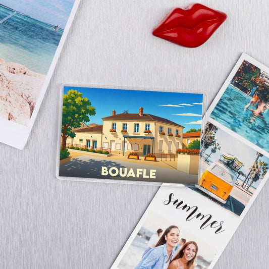 Magnet souvenir de la ville de Bouafle avec une illustration colorée et stylisée.