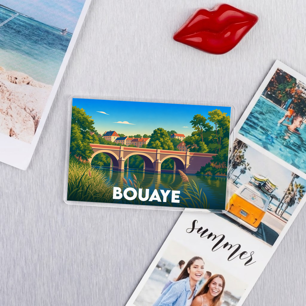 Magnet souvenir de la ville de Bouaye avec une illustration stylisée d'un pont de pierre au-dessus de l'eau.