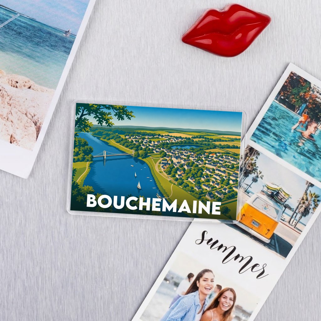 Magnet souvenir de la ville de Bouchemaine avec une illustration stylisée.