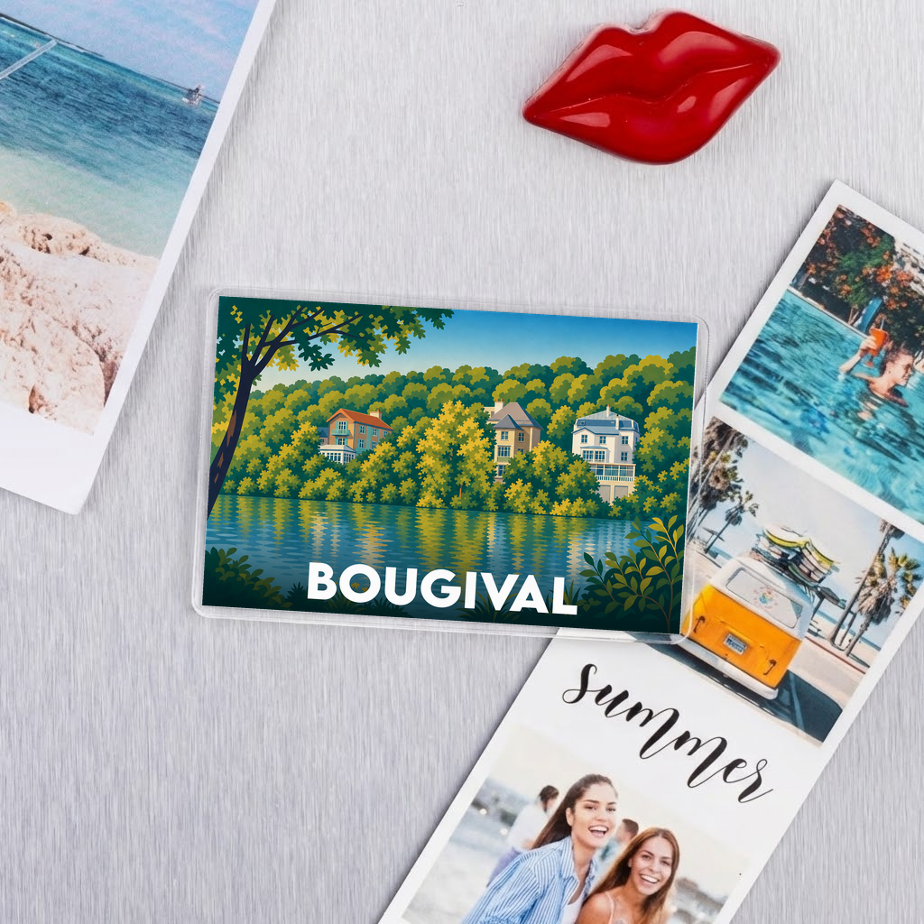 Magnet souvenir de la ville de Bougival illustré d'un paysage coloré au bord de l'eau.