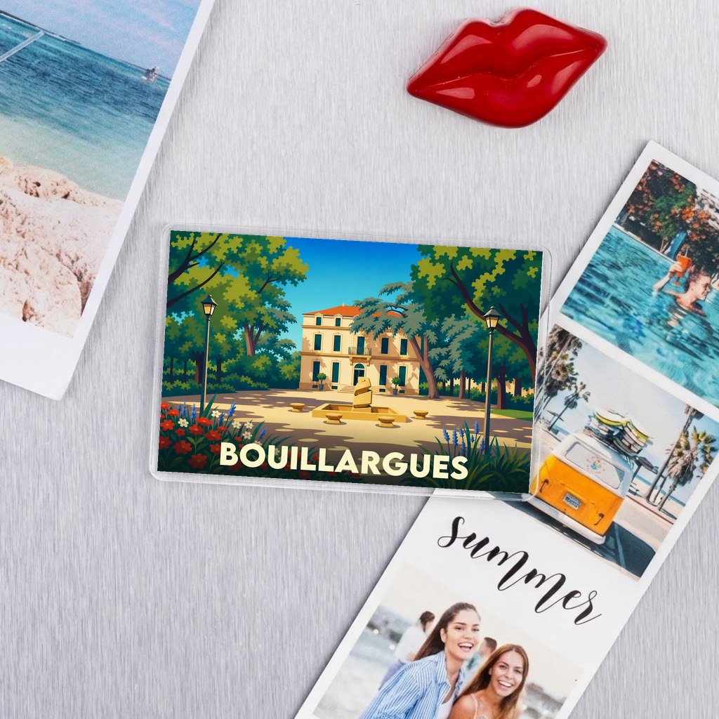 Magnet souvenir de la ville de Bouillargues avec une illustration stylisée.