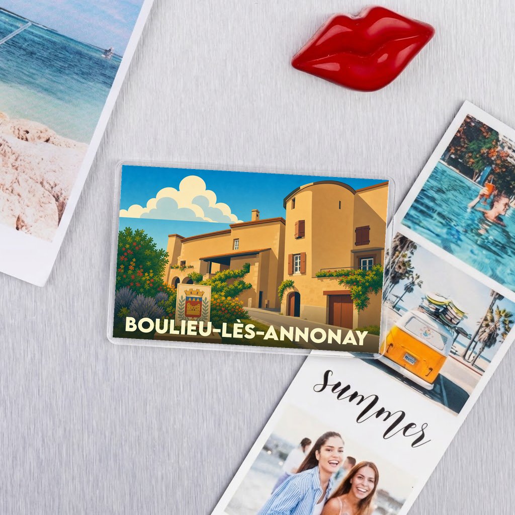 Magnet souvenir de la ville de Boulieu-lès-Annonay avec une illustration stylisée d'un bâtiment provençal.