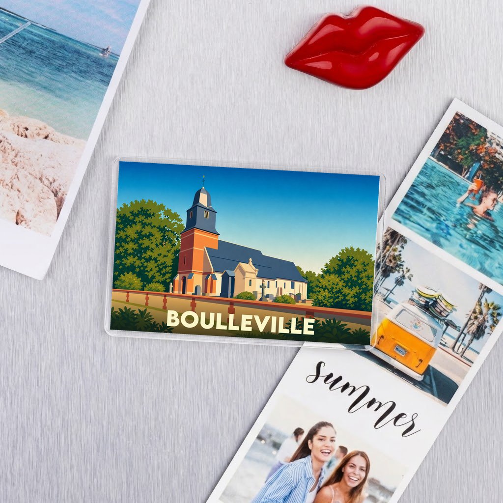 Magnet souvenir de la ville de Boulleville avec une illustration stylisée de son église.