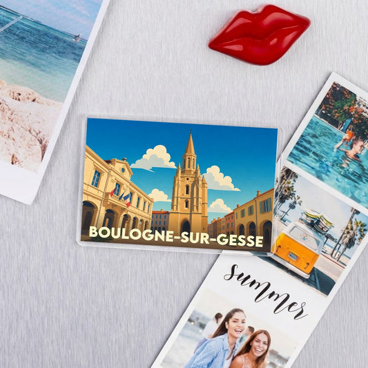 Magnet souvenir de la ville de Boulogne-sur-Gesse avec une illustration stylisée.