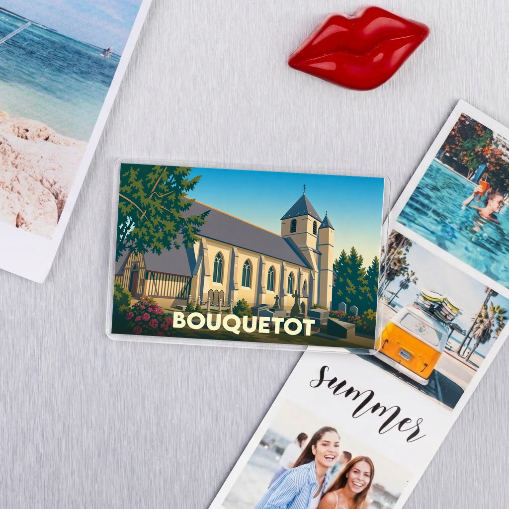 Magnet souvenir de la ville de Bouquetot avec une illustration stylisée de son église.