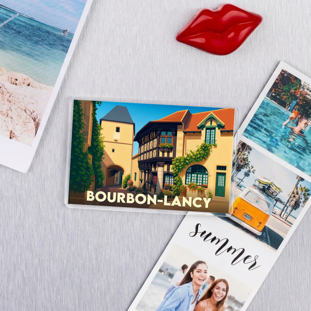 Magnet souvenir de la ville de Bourbon-Lancy avec une illustration stylisée.