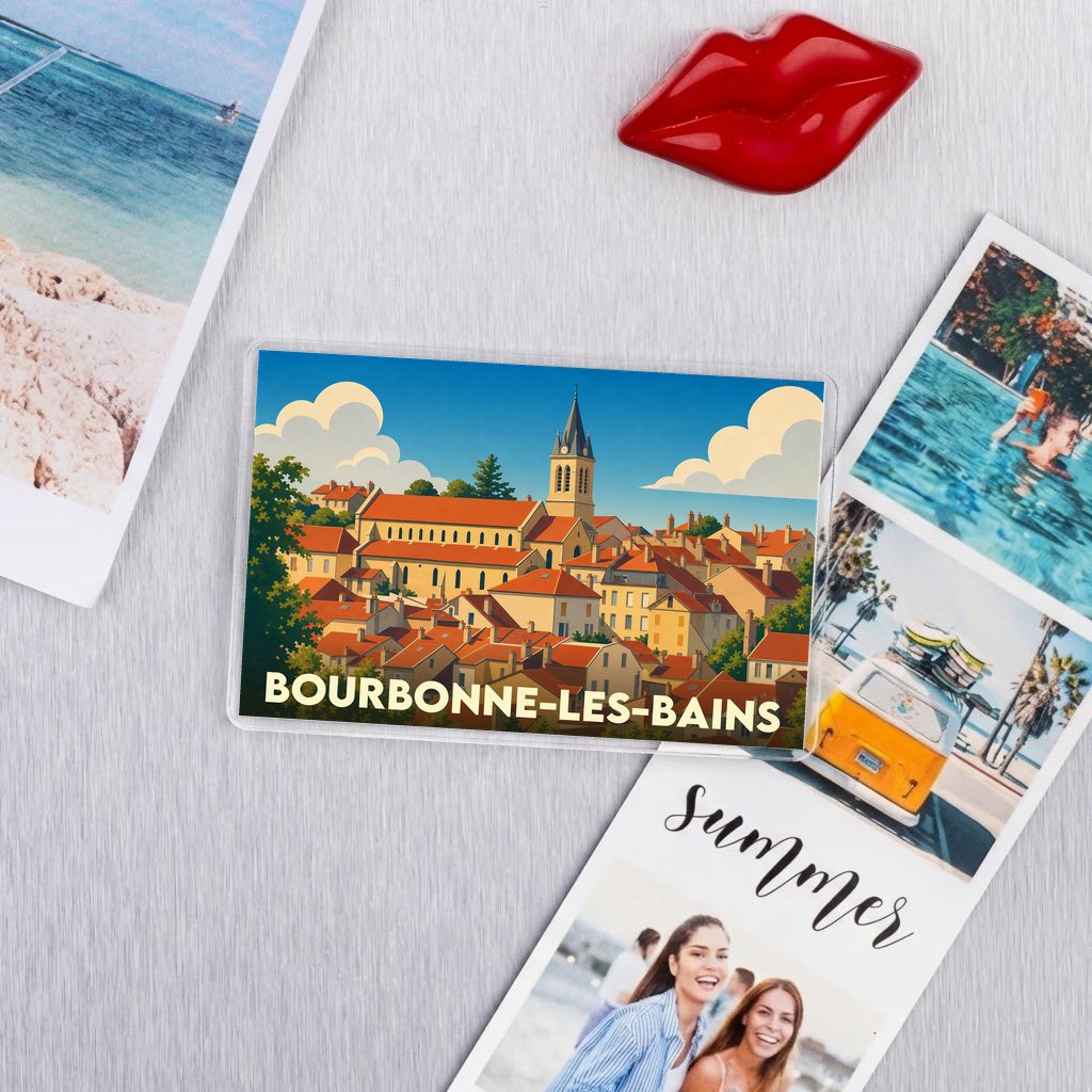 Magnet souvenir de la ville de Bourbonne-les-Bains avec une illustration stylisée.