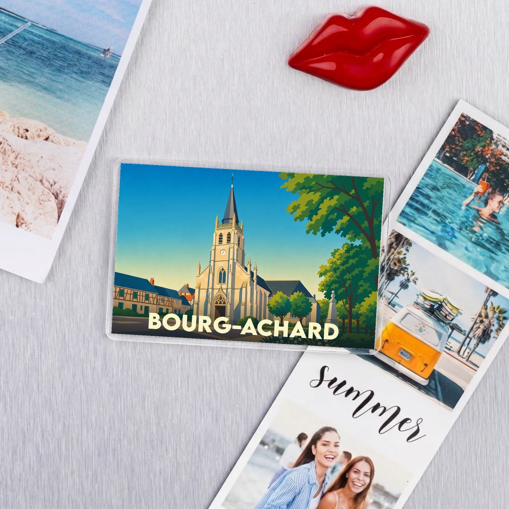 Magnet souvenir de la ville de Bourg-Achard avec une illustration stylisée de son église.