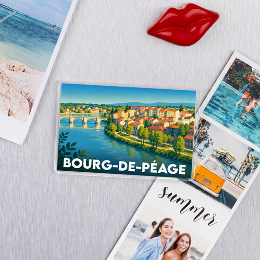 Magnet souvenir de la ville de Bourg-de-Péage avec une illustration stylisée.