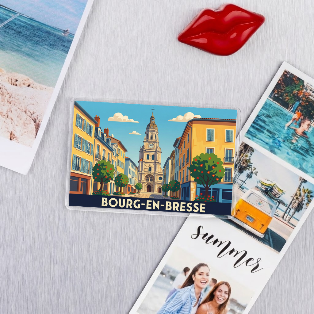 Magnet souvenir de la ville de Bourg-en-Bresse avec une illustration colorée et stylisée.