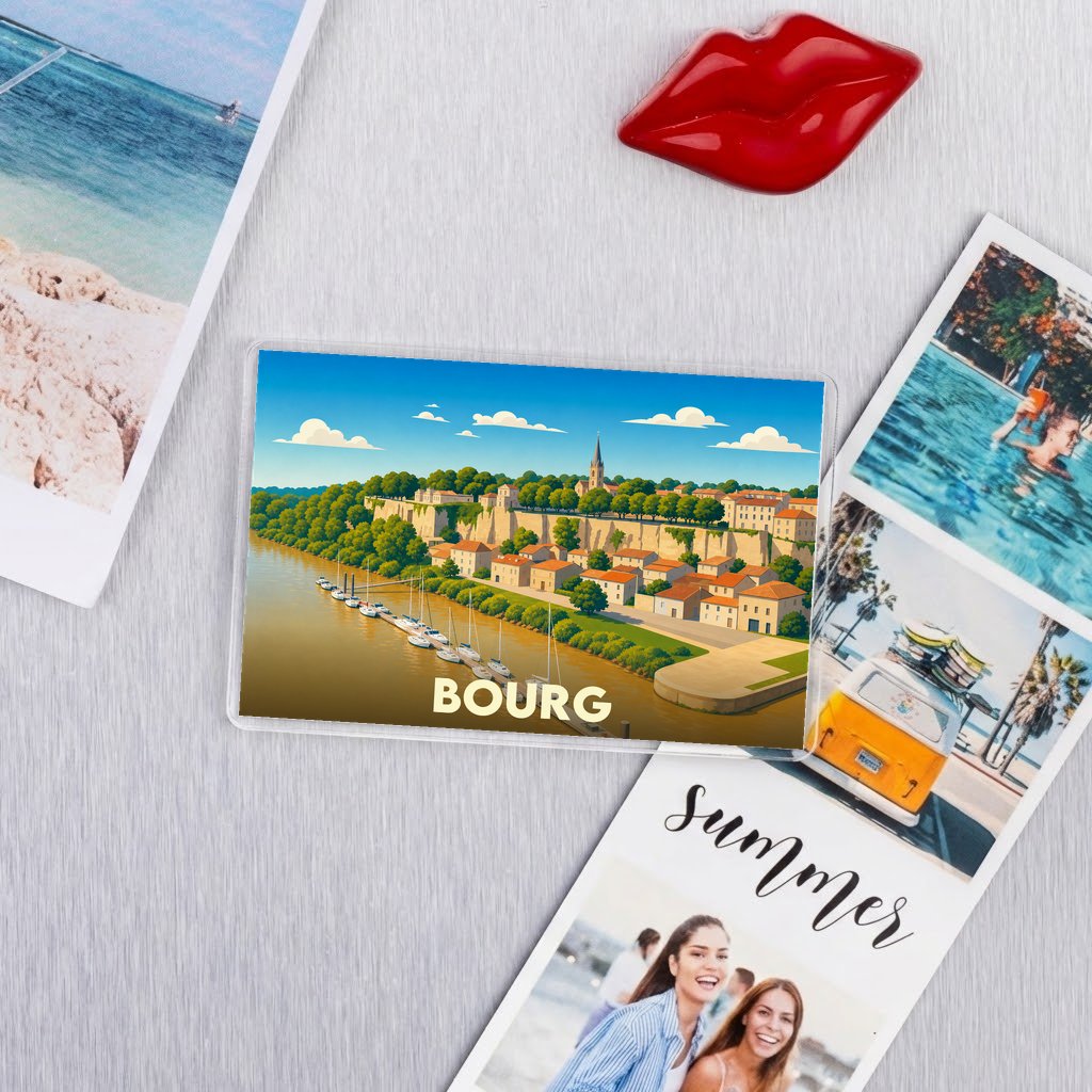Magnet souvenir de la ville de Bourg avec une illustration stylisée d'un paysage fluvial.