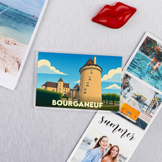 Magnet souvenir de la ville de Bourganeuf avec une illustration stylisée d'un château.