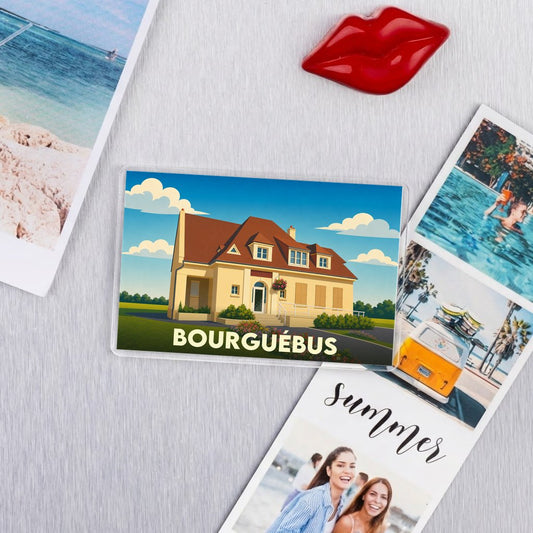 Magnet souvenir de la ville de Bourguébus avec une illustration stylisée d'une maison régionale.