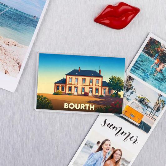 Magnet souvenir de la ville de Bourth avec une illustration stylisée d'un bâtiment traditionnel.