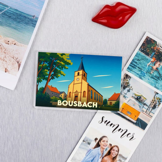 Magnet souvenir de la ville de Bousbach avec une illustration stylisée de son église.