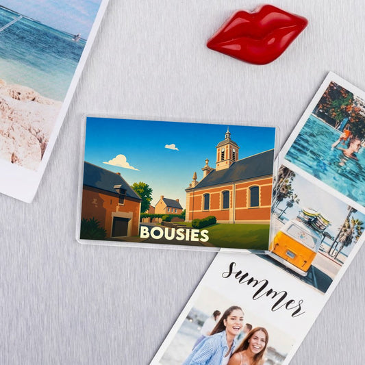 Magnet souvenir de la ville de Bousies avec une illustration stylisée de son église.