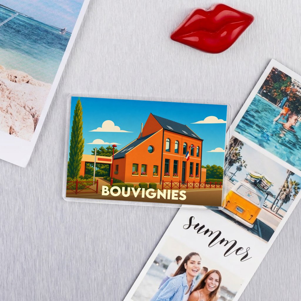 Magnet souvenir de la ville de Bouvignies avec une illustration stylisée de sa mairie.