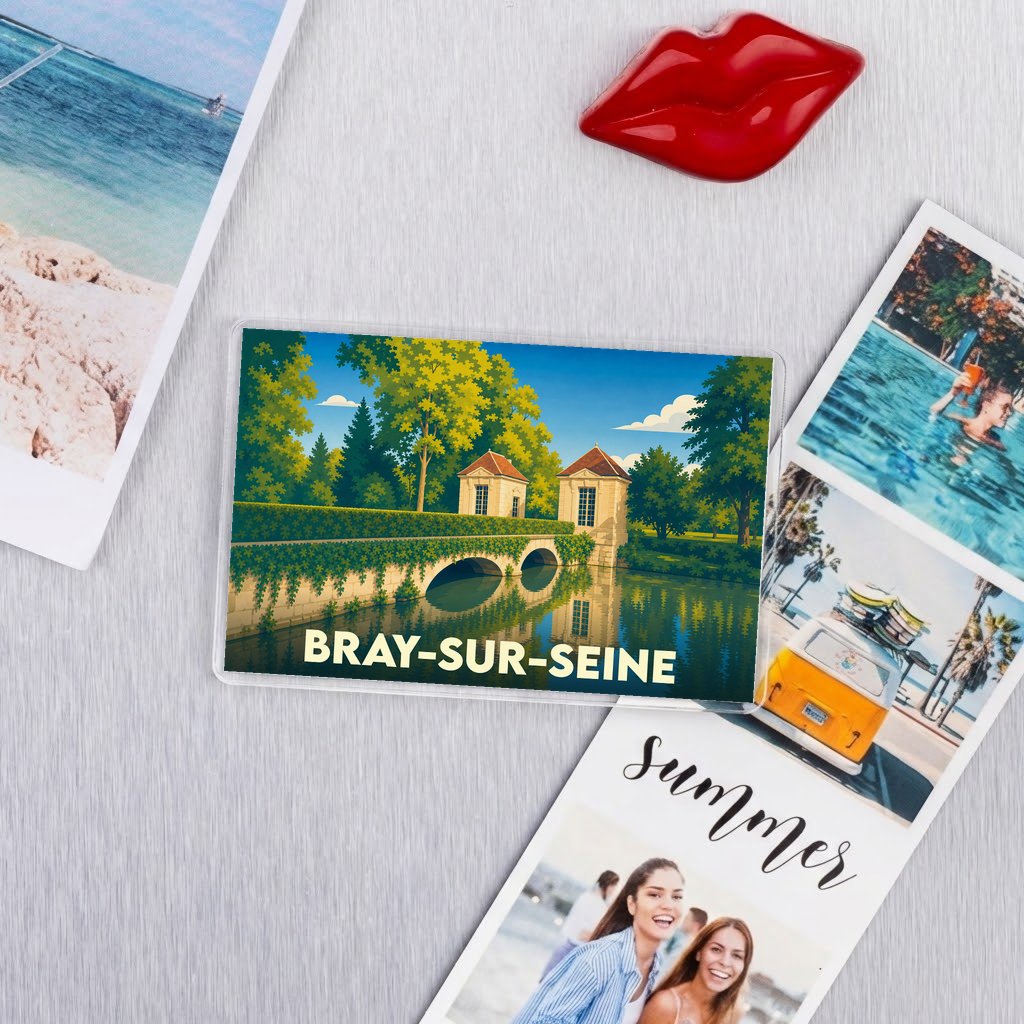 Magnet souvenir de la ville de Bray-sur-Seine avec une illustration stylisée d'un pont et de pavillons.