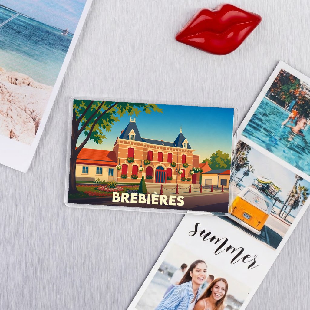 Magnet souvenir de la ville de Brebières avec une illustration stylisée de son hôtel de ville.