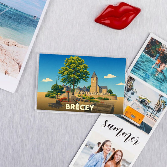Magnet souvenir de la ville de Brécey avec une illustration stylisée.