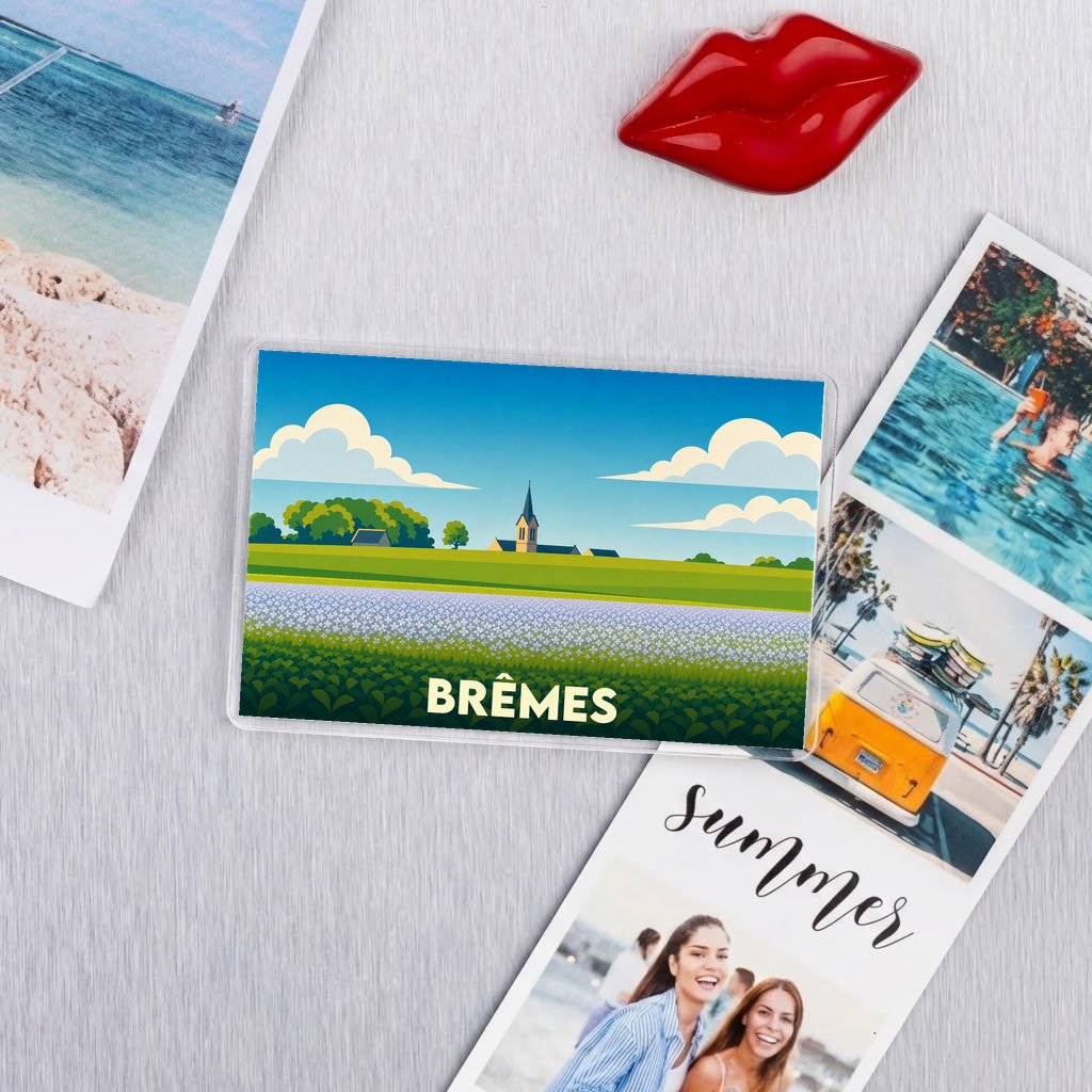 Magnet souvenir de la ville de Brêmes avec une illustration stylisée de son paysage.