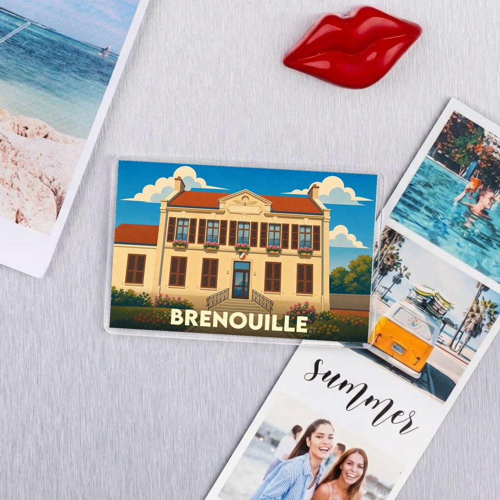 Magnet souvenir de la ville de Brenouille avec une illustration stylisée de sa mairie.