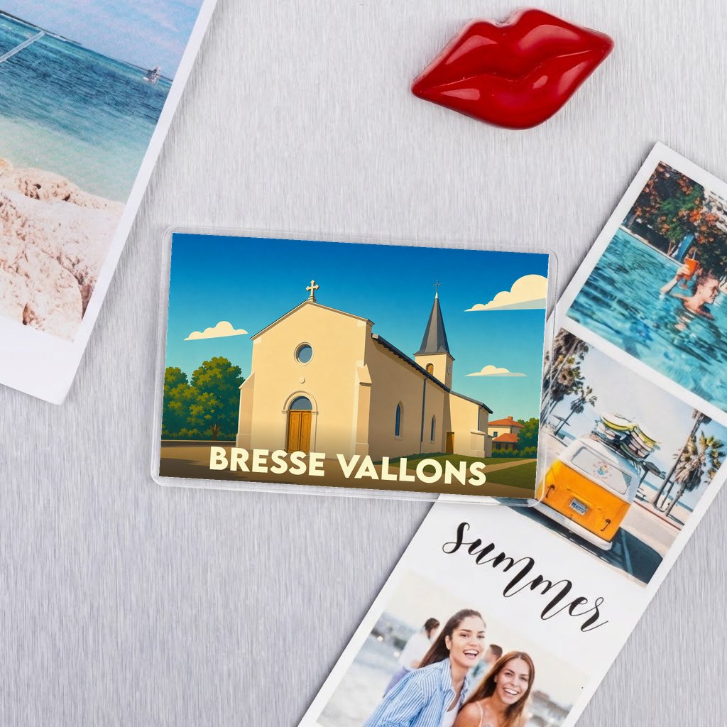 Magnet souvenir de la commune de Bresse Vallons avec une illustration stylisée d'une église.
