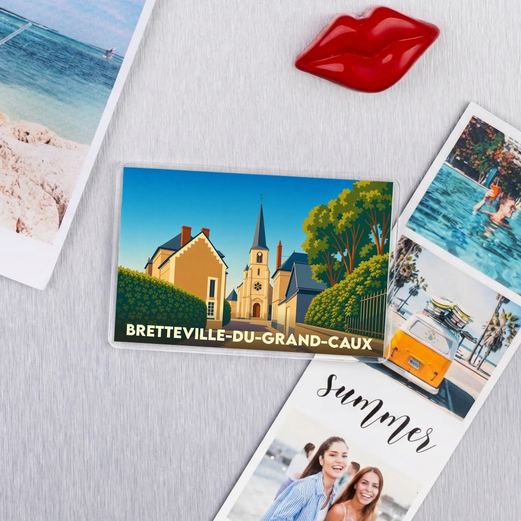 Magnet souvenir de Bretteville-du-Grand-Caux arborant une illustration stylisée du village et de son église.