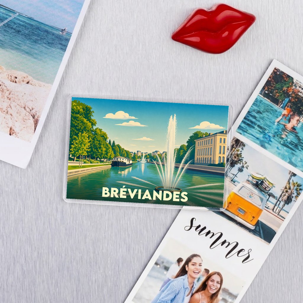 Magnet souvenir de la ville de Bréviandes avec une illustration stylisée d'un canal et de ses jets d'eau.