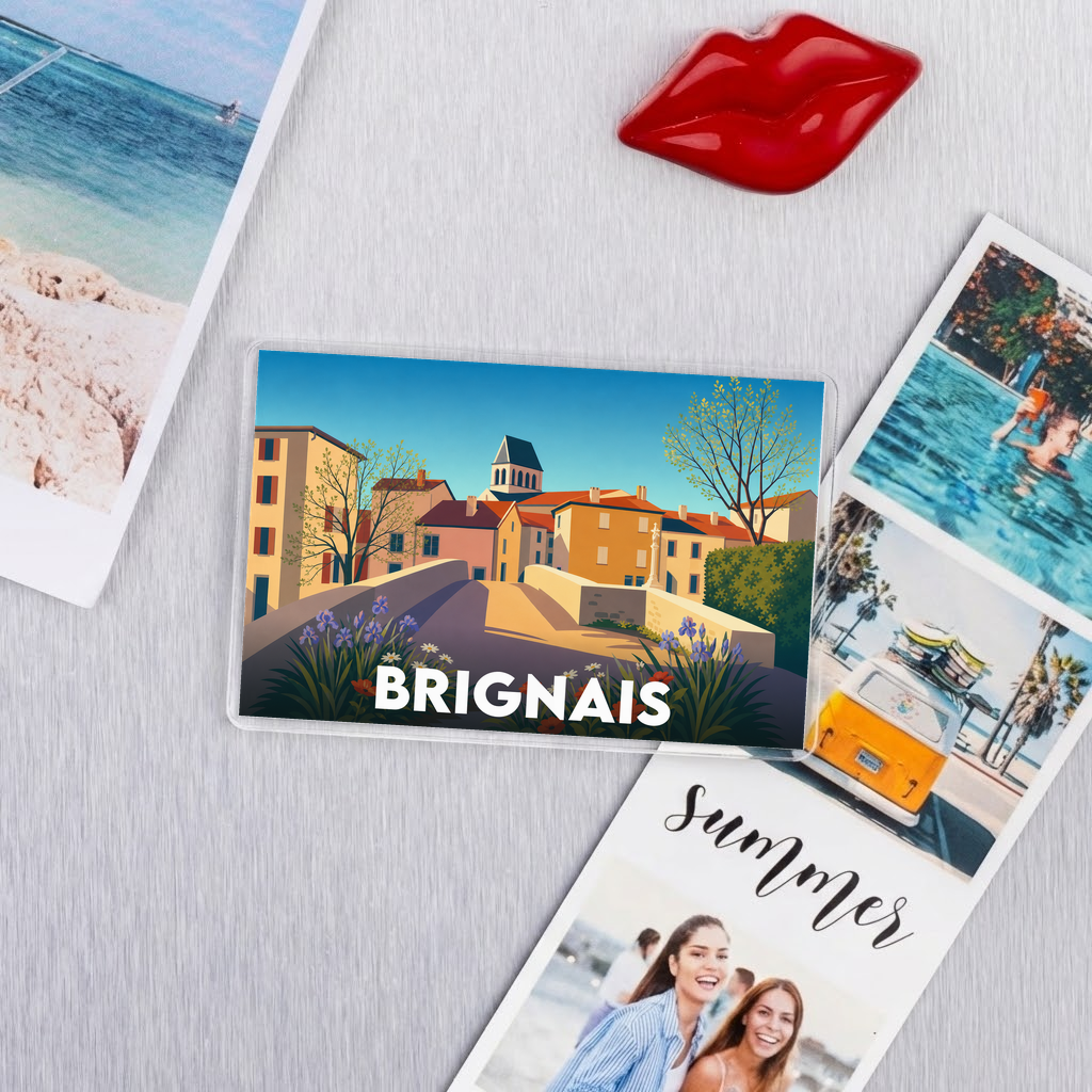 Magnet souvenir de la ville de Brignais avec une illustration stylisée de son paysage urbain.