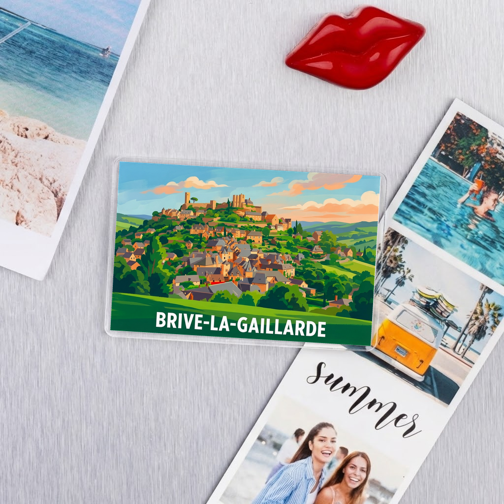 Magnet souvenir de la ville de Brive-la-Gaillarde avec une illustration stylisée.
