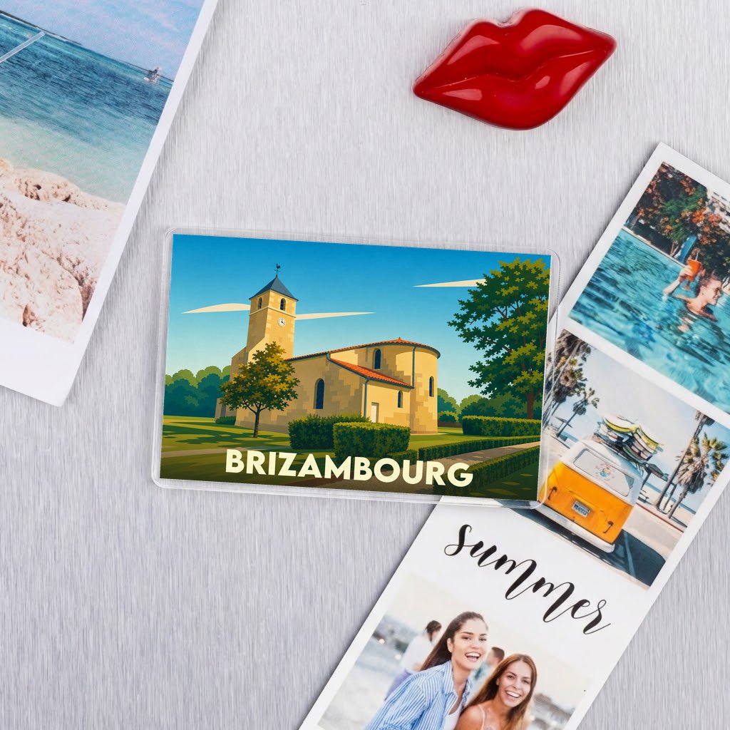 Magnet rectangulaire souvenir de la ville de Brizambourg avec une illustration stylisée de son église.