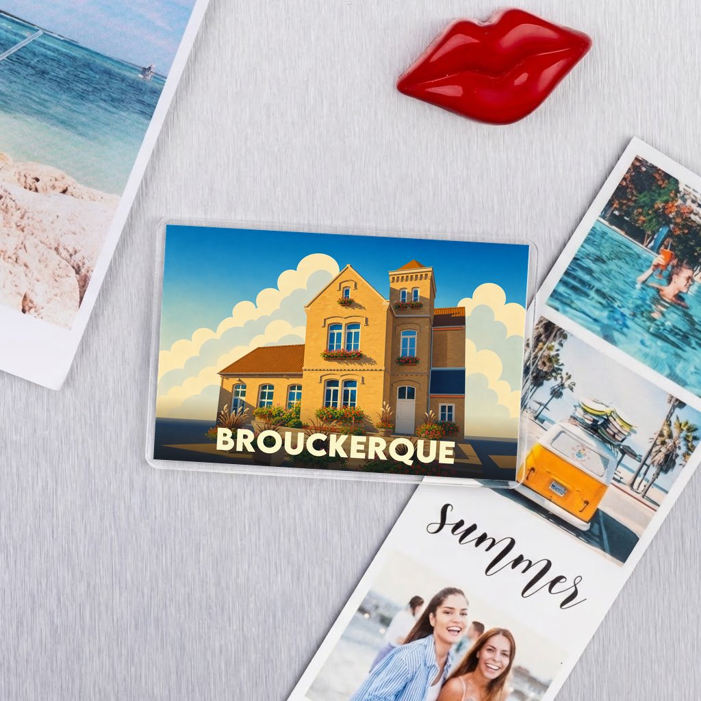 Magnet souvenir de la ville de Brouckerque avec une illustration stylisée.