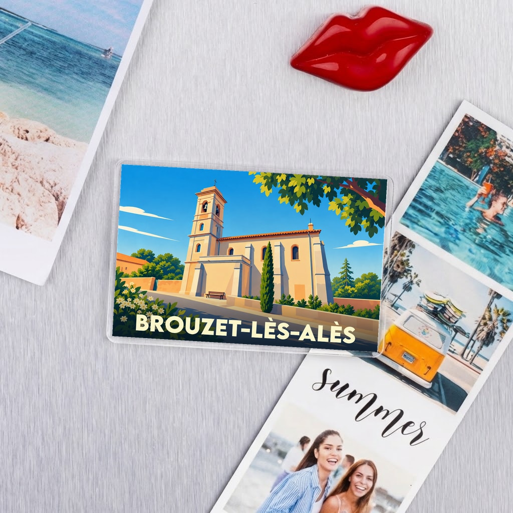 Magnet souvenir de la ville de Brouzet-lès-Alès avec une illustration stylisée de son église.