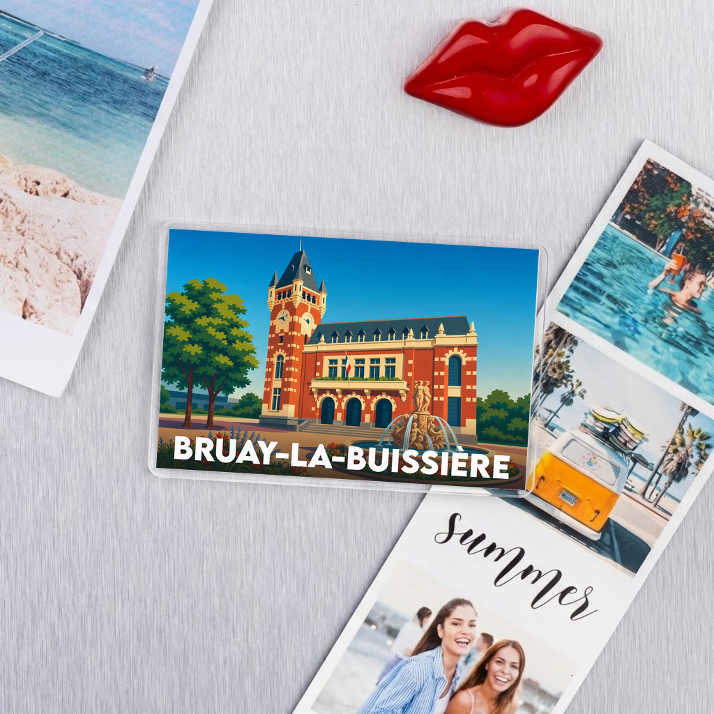Magnet souvenir de la ville de Bruay-la-Buissière avec une illustration stylisée de son hôtel de ville.