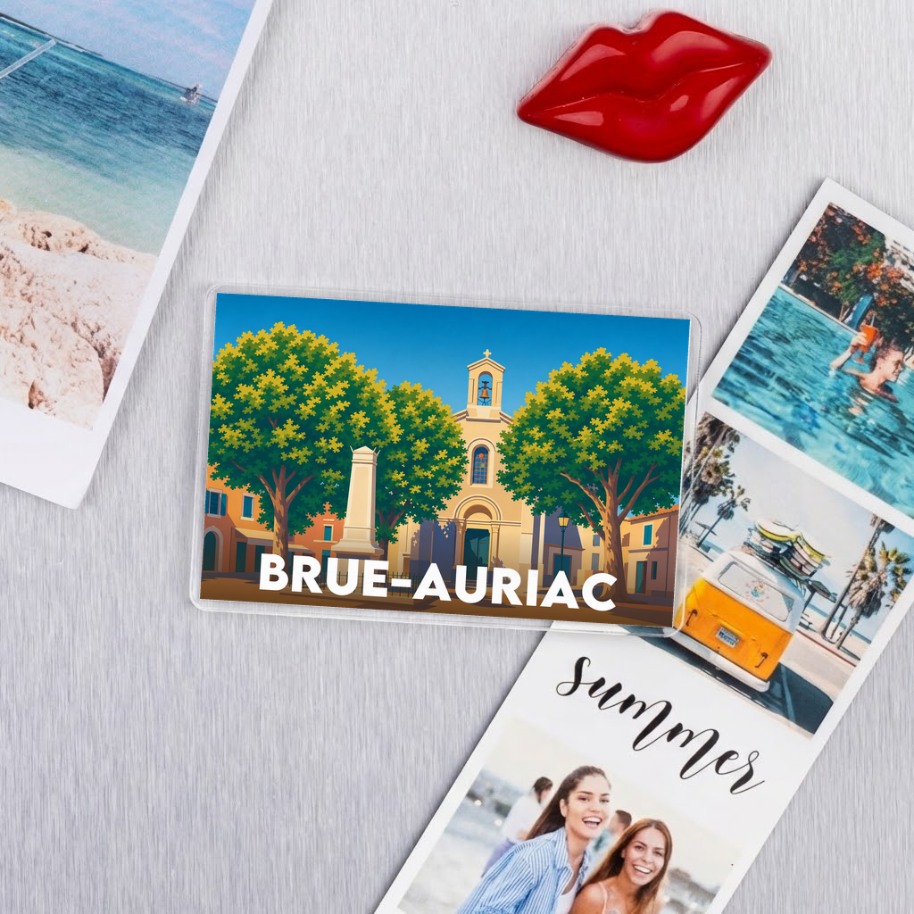Magnet souvenir de la ville de Brue-Auriac avec une illustration graphique colorée.