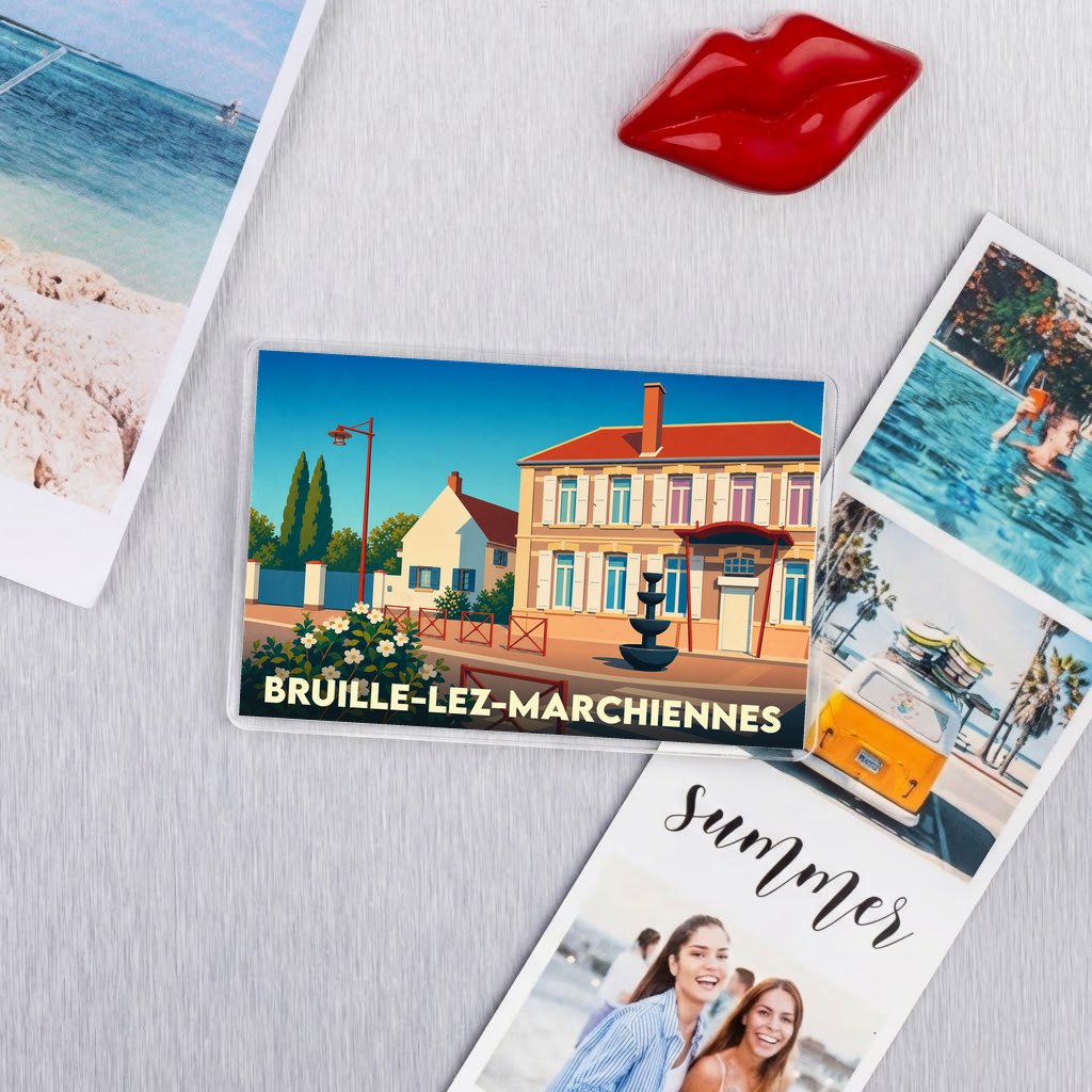 Magnet souvenir de la ville de Bruille-lez-Marchiennes avec une illustration stylisée.