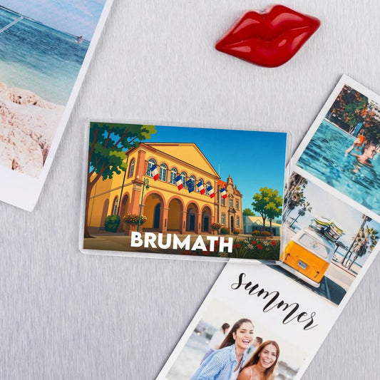 Magnet souvenir de la ville de Brumath avec une illustration stylisée de son hôtel de ville.