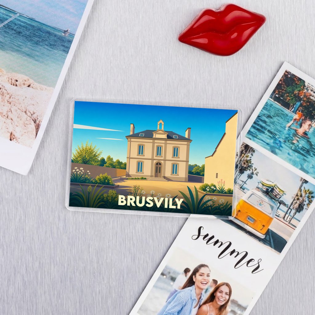 Magnet souvenir de la ville de Brusvily avec une illustration stylisée.